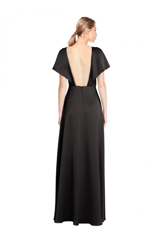 Mangas Curtas Decote V Cetim Elástico Preto Comprimento Chão Vestidos de Madrinha / Vestidos de Noite / Vestidos de Festa Mais Barato