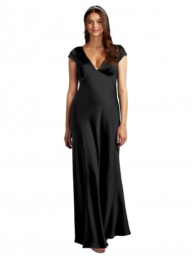 Mangas Curtas Decote V Cetim Elástico Preto Comprimento Chão Longo Vestidos de Madrinha / Vestidos de Noite / Vestidos de Festa Mais Barato