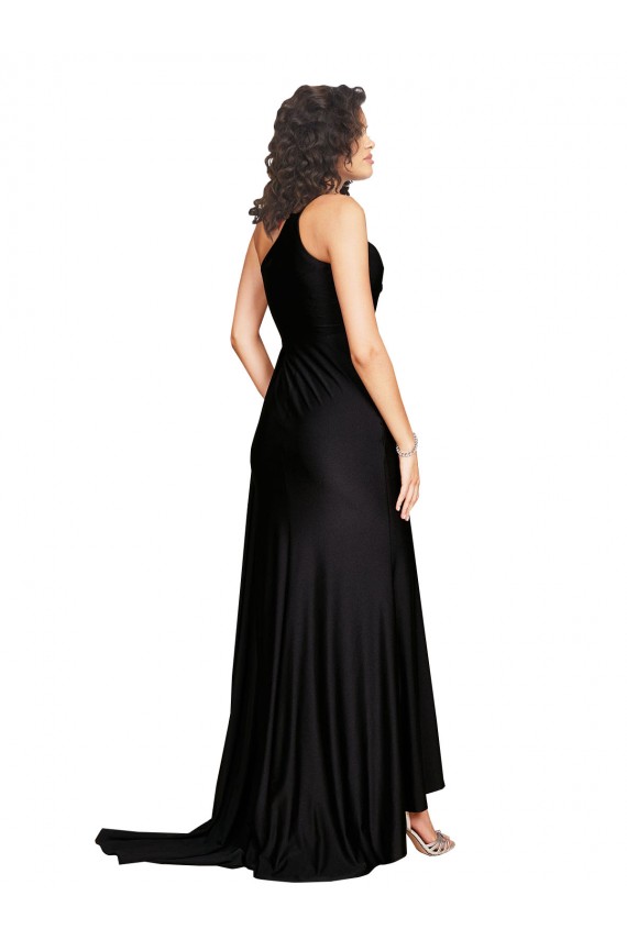 Sem Mangas Um Ombro Cetim Sedoso Preto Comprimento Chão Longo Vestidos de Madrinha / Vestidos de Noite / Vestidos de Festa Mais Barato