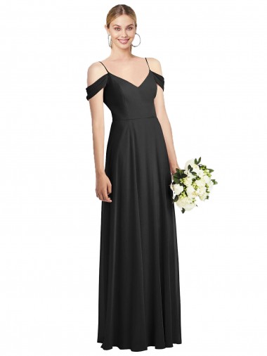Ombro Frio Alças finas Chiffon Preto Comprimento Chão Vestidos de Madrinha Mais Barato