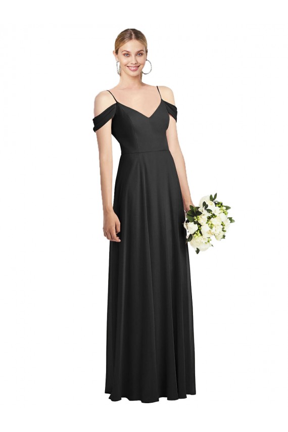 Ombro Frio Alças finas Chiffon Preto Comprimento Chão Vestidos de Madrinha Mais Barato