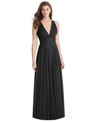 Sem Mangas Decote V Chiffon Preto Comprimento Chão Linha A Longo Vestidos de Madrinha Mais Barato