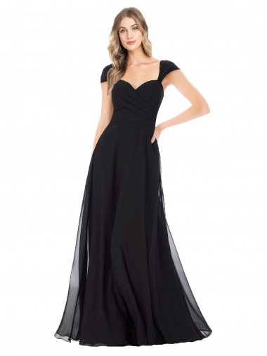 Mangas Curtas Amor Chiffon Preto Comprimento Chão Vestidos de Madrinha Mais Barato