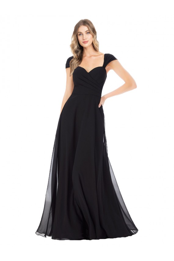 Mangas Curtas Amor Chiffon Preto Comprimento Chão Vestidos de Madrinha Mais Barato