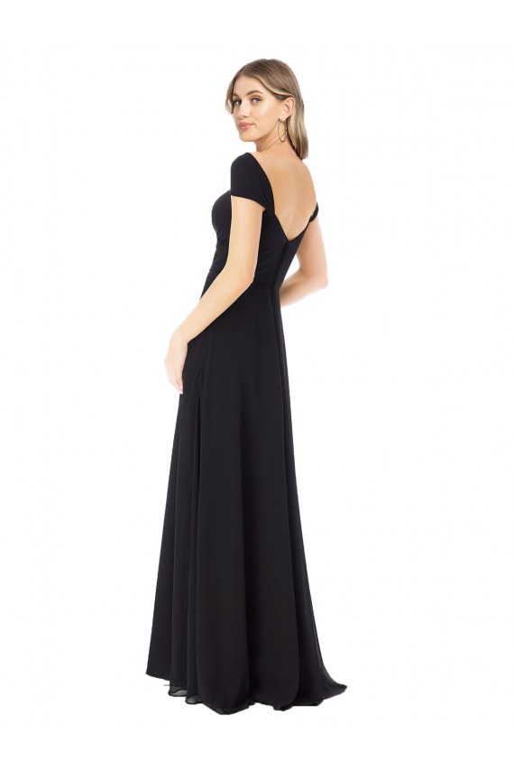 Mangas Curtas Amor Chiffon Preto Comprimento Chão Vestidos de Madrinha Mais Barato