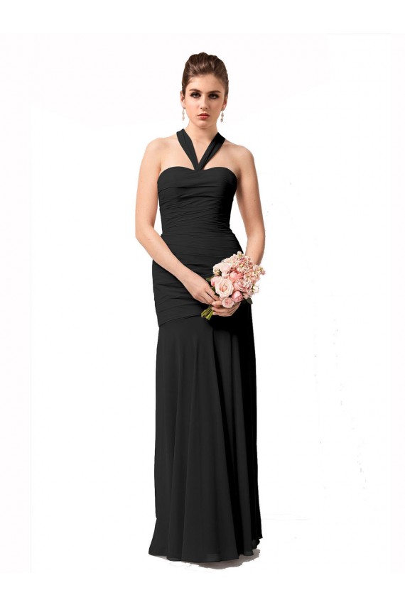 Sem Mangas Cabeçada Chiffon Preto Comprimento Chão Vestidos de Madrinha Mais Barato