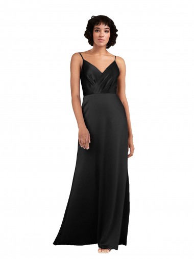 Sem Mangas Decote V Cetim Sedoso Preto Alto Baixo Longo Vestidos de Madrinha / Vestidos de Noite / Vestidos de Festa Mais Barato
