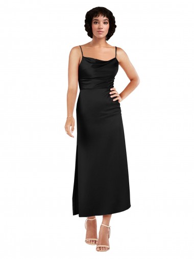 Sem Mangas Decote Capuz Cetim Sedoso Preto Comprimento Chá Vestidos de Madrinha / Vestidos de Noite / Vestidos de Festa Mais Barato