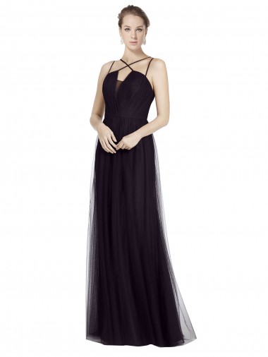 Sem Mangas Decote Alto Tule Preto Comprimento Chão Vestido de Madrinha Mais Barato