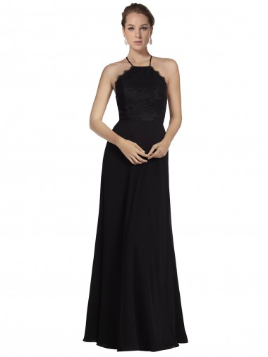 Sem Mangas Cabeçada Chiffon & Renda Preto Comprimento Chão Vestidos de Madrinha Mais Barato