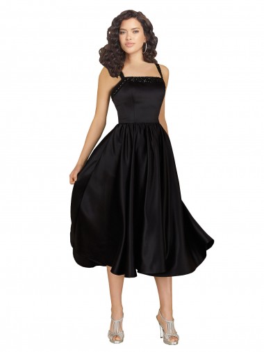 Sem Mangas Decote Quadrado Cetim Preto Comprimento Joelho Vestidos de Madrinha / Vestidos de Festa / Vestidos de Cocktail / Vestidos de Homecoming Mais Barato