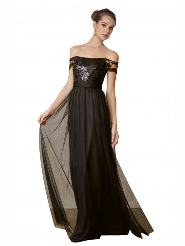 Sem Mangas Fora do Ombro Tule & Lantejoulas Preto Comprimento Chão Vestidos de Madrinha Mais Barato