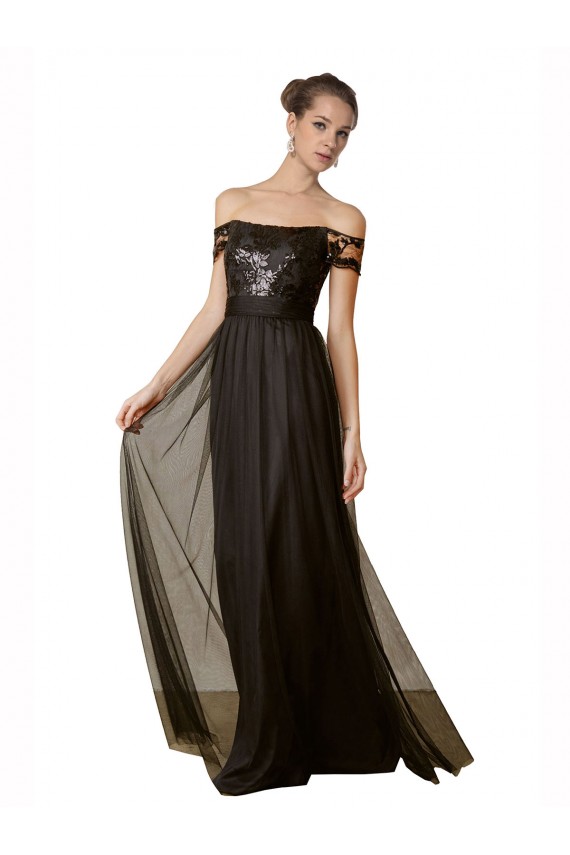 Sem Mangas Fora do Ombro Tule & Lantejoulas Preto Comprimento Chão Vestidos de Madrinha Mais Barato