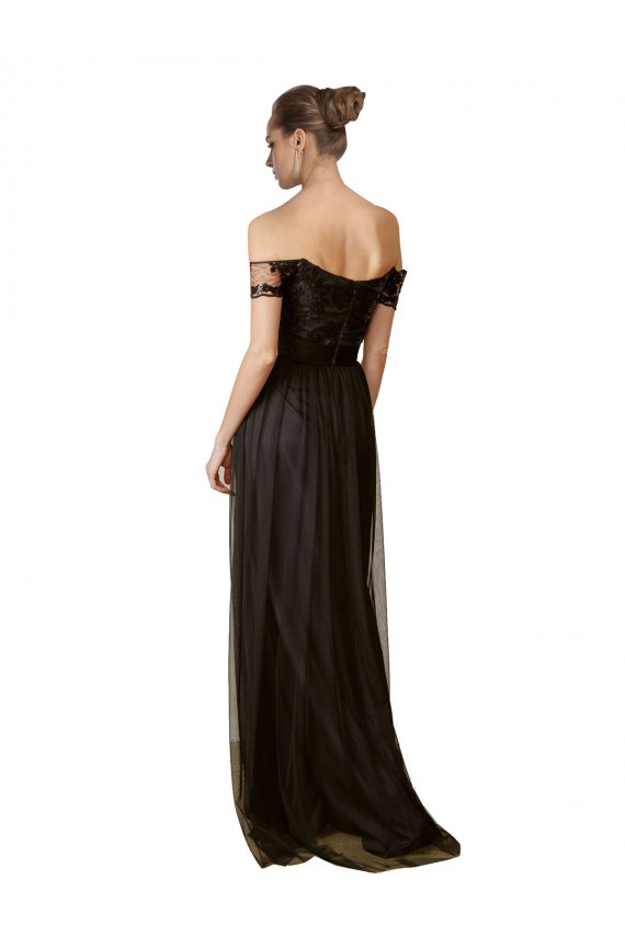 Sem Mangas Fora do Ombro Tule & Lantejoulas Preto Comprimento Chão Vestidos de Madrinha Mais Barato
