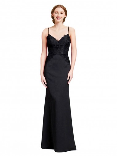 Sem Mangas Decote V Crepe Esticado Preto Comprimento Chão Sereia Vestidos de Madrinha / Vestidos de Festa Mais Barato