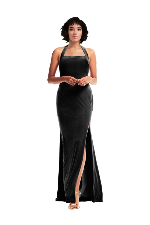 Sem Mangas Cabeçada Veludo Elástico Preto Comprimento Chão Vestidos de Madrinha / Vestidos de Noite / Vestidos de Festa Mais Barato