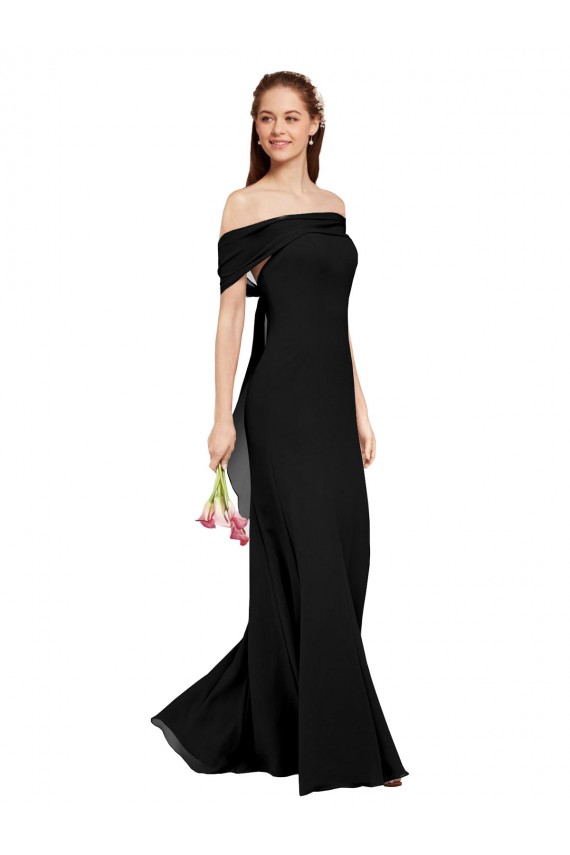 Sem Mangas Fora do Ombro Chiffon Preto Comprimento Chão Vestido de Madrinha / Vestido de Festa Mais Barato