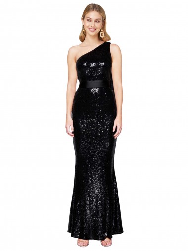 Sem Mangas Um Ombro Lantejoulas Preto Comprimento Chão Vestidos de Madrinha / Vestidos de Noite / Vestidos de Festa Mais Barato