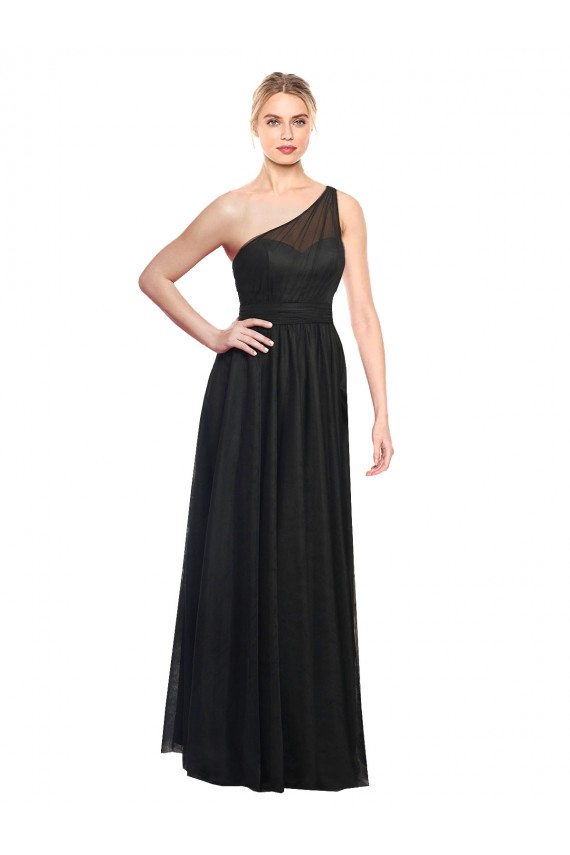Sem Mangas Um Ombro Tule Preto Comprimento Chão Vestidos de Festa / Vestidos de Madrinha Mais Barato