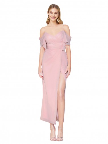 Ombro Frio Decote Alto Chiffon Prímula Comprimento Joelho Vestidos de Madrinha / Vestidos de Noite / Vestidos de Festa Mais Barato