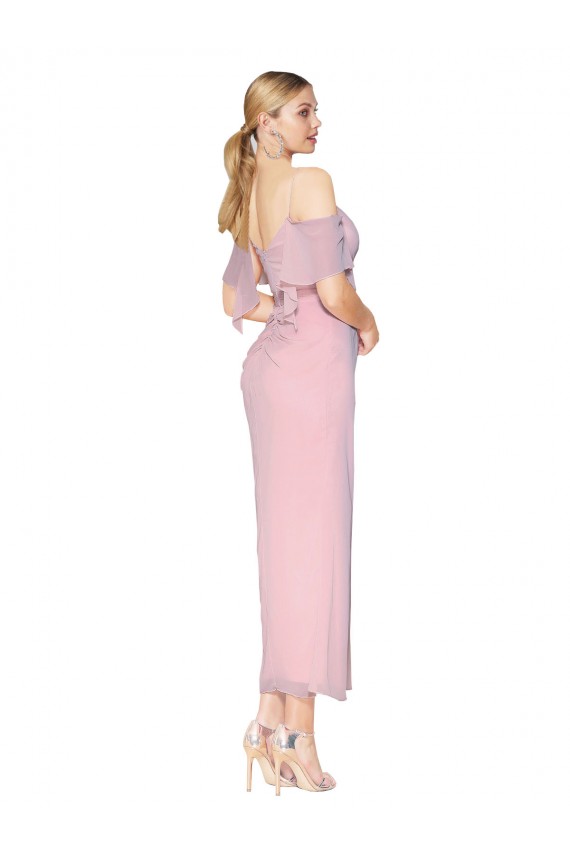Ombro Frio Decote Alto Chiffon Prímula Comprimento Joelho Vestidos de Madrinha / Vestidos de Noite / Vestidos de Festa Mais Barato