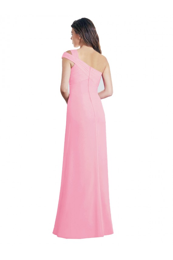 Sem Mangas Um Ombro Chiffon Quase Rosa Comprimento Chão Vestidos de Madrinha Mais Barato