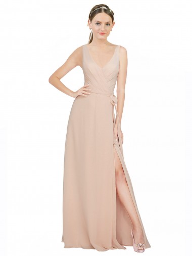 Sem Mangas Decote V Chiffon Rosa 114# Comprimento Chão Vestidos de Madrinha Mais Barato