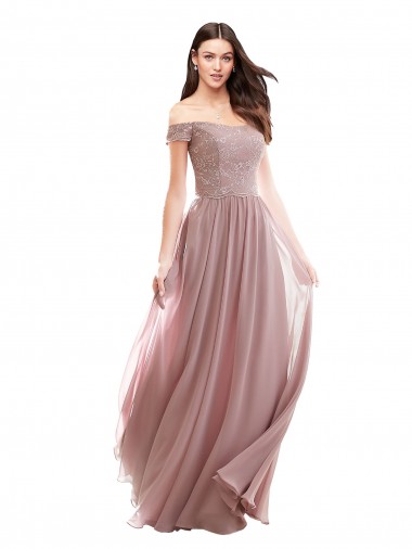 Mangas Curtas Fora do Ombro Chiffon & Renda Rosa 147# Comprimento Chão Vestidos de Madrinha Mais Barato