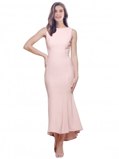 Sem Mangas Decote Alto Crepe Esticado Rosa Alto Baixo Vestidos de Madrinha / Vestidos de Noite / Vestidos de Festa / Vestidos de Cocktail Mais Barato