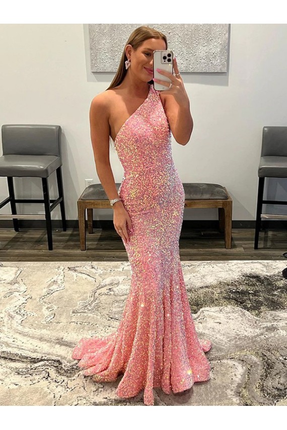 Sem Mangas Um Ombro Lantejoulas Veludo Rosa Comboio Varredela Vestidos de Festa Mais Barato