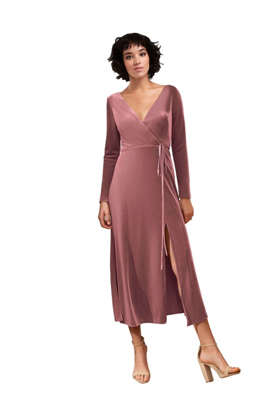 Mangas Compridas Decote V Veludo Elástico Rosa Canela Comprimento Midi Vestidos de Madrinha / Vestidos de Festa Mais Barato