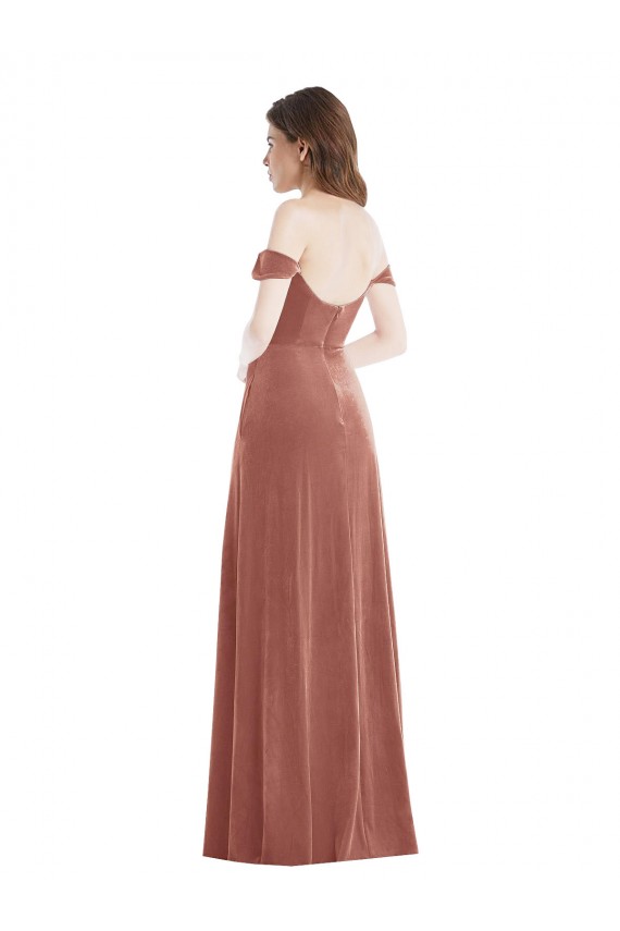 Sem Mangas Fora do Ombro Veludo Elástico Rosa Canela Comprimento Chão Vestido de Madrinha / Vestido de Festa Mais Barato