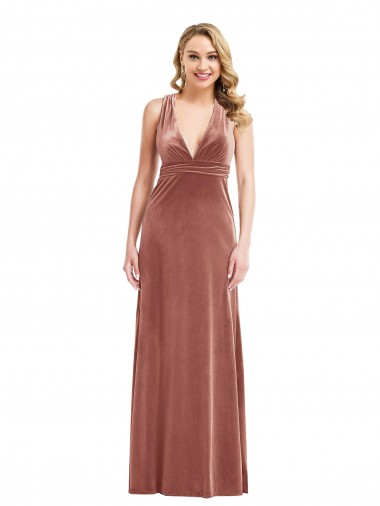 Sem Mangas Decote V Veludo Elástico Rosa Canela Comprimento Chão Longo Vestidos de Madrinha / Vestidos de Noite / Vestidos de Festa Mais Barato
