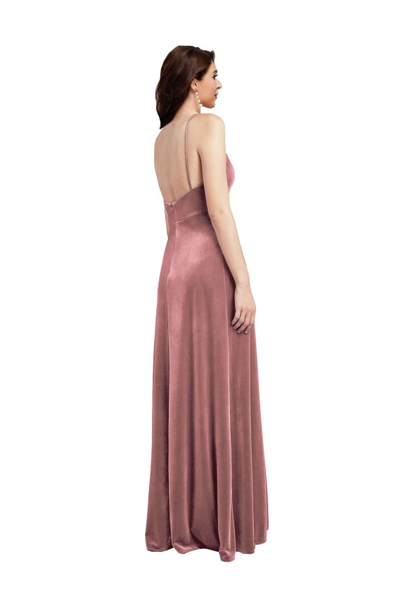 Sem Mangas Decote V Veludo Elástico Rosa Canela Comprimento Chão Vestidos de Madrinha / Vestidos de Noite / Vestidos de Festa Mais Barato