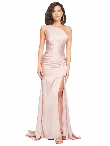 Sem Mangas Um Ombro Cetim Sedoso Rosa Comprimento Chão Vestidos de Madrinha / Vestidos de Noite / Vestidos de Festa Mais Barato