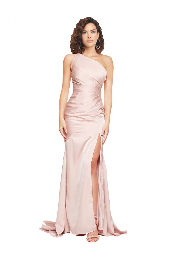Sem Mangas Um Ombro Cetim Sedoso Rosa Comprimento Chão Vestidos de Madrinha / Vestidos de Noite / Vestidos de Festa Mais Barato