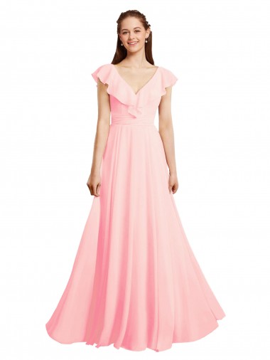 Mangas Curtas Decote V Chiffon Rosa Comprimento Chão Longo Vestidos de Madrinha Mais Barato