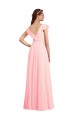 Mangas Curtas Decote V Chiffon Rosa Comprimento Chão Longo Vestidos de Madrinha Mais Barato