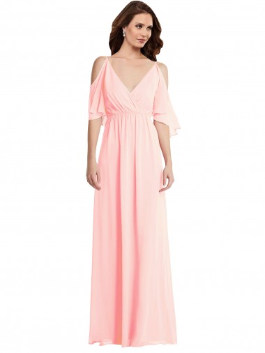 Ombro Frio Decote V Chiffon Rosa Comprimento Chão Vestidos de Madrinha Mais Barato