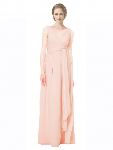 Sem Mangas Decote V Chiffon Comprimento Chão Vestido de Madrinha Mais Barato
