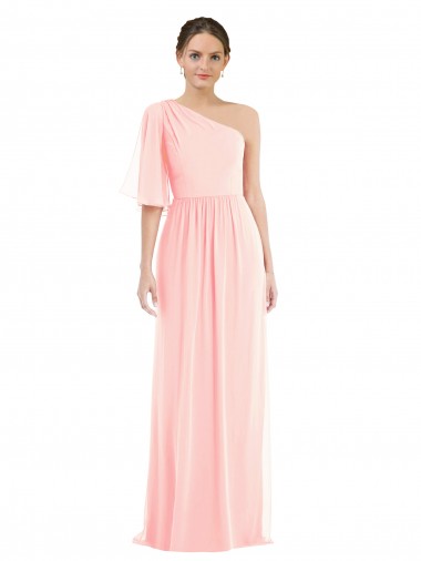 Mangas Sino Um Ombro Chiffon Rosa Comprimento Chão Vestidos de Madrinha Mais Barato