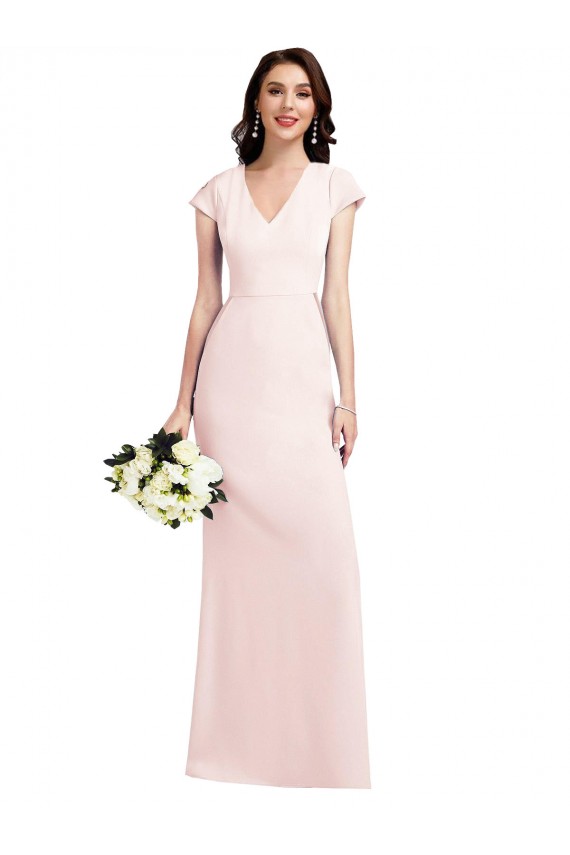 Mangas Curtas Decote V Crepe Esticado Rosa Comprimento Chão Vestidos de Madrinha / Vestidos de Noite / Vestidos de Festa Mais Barato