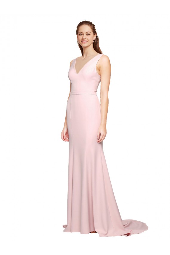 Sem Mangas Decote V Crepe Esticado Rosa Comboio Varredela Costas em V Vestidos de Madrinha / Vestidos de Festa Mais Barato