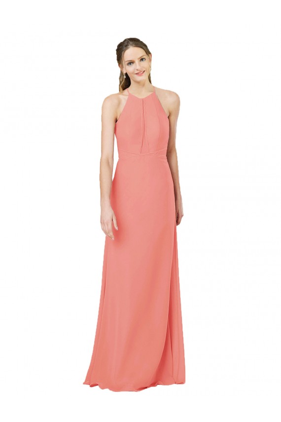 Sem Mangas Cabeçada Chiffon Rosa Deserto Comprimento Chão Vestidos de Madrinha Mais Barato