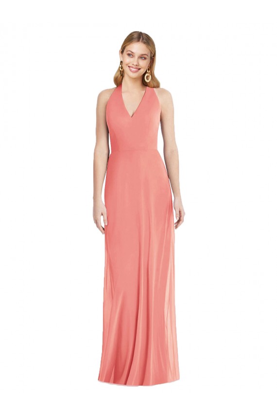 Sem Mangas Decote V Chiffon Rosa Deserto Comprimento Chão Vestidos de Madrinha / Vestidos de Noite Mais Barato