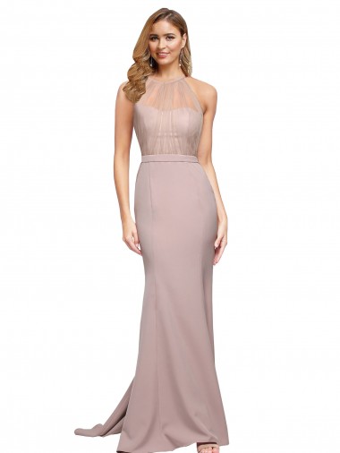 Sem Mangas Decote Alto Crepe Esticado Rosa Empoeirado Comboio Varredela Longo Vestidos de Madrinha / Vestidos de Noite / Vestidos de Festa Mais Barato