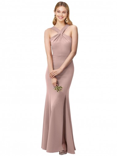 Sem Mangas Decote Alto Crepe Esticado Rosa Empoeirado Comprimento Chão Bainha Vestidos de Madrinha / Vestidos de Festa Mais Barato
