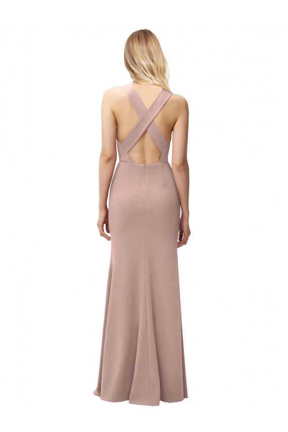 Sem Mangas Decote Alto Crepe Esticado Rosa Empoeirado Comprimento Chão Bainha Vestidos de Madrinha / Vestidos de Festa Mais Barato