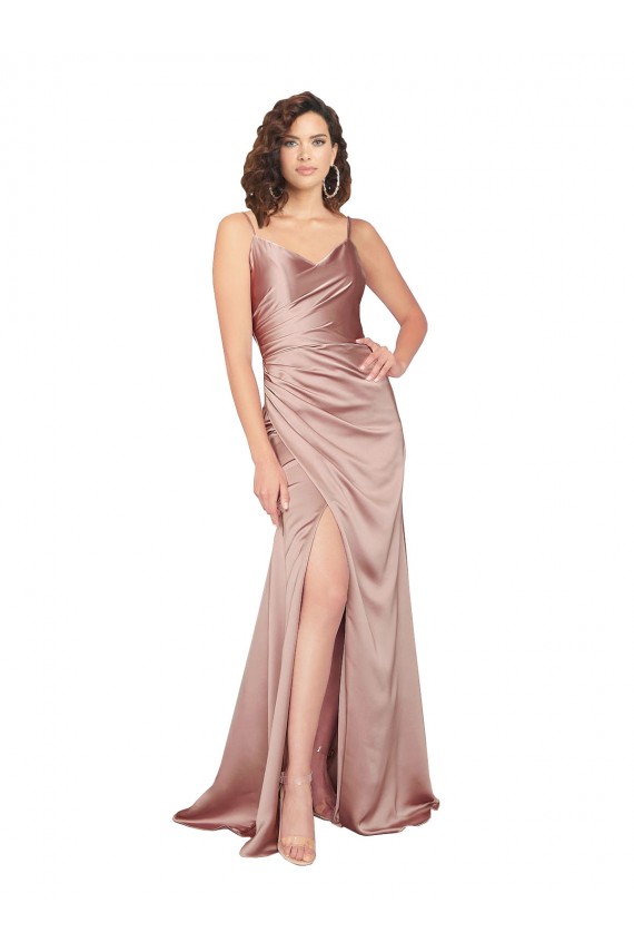Sem Mangas Decote V Cetim Sedoso Rosa Empoeirado Comprimento Chão Longo Vestidos de Madrinha / Vestidos de Noite / Vestidos de Festa Mais Barato