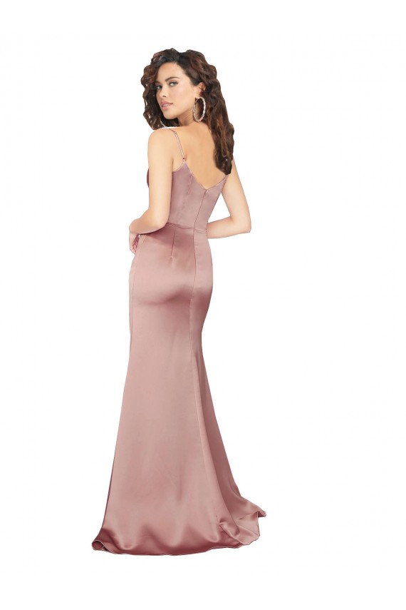 Sem Mangas Decote V Cetim Sedoso Rosa Empoeirado Comprimento Chão Longo Vestidos de Madrinha / Vestidos de Noite / Vestidos de Festa Mais Barato